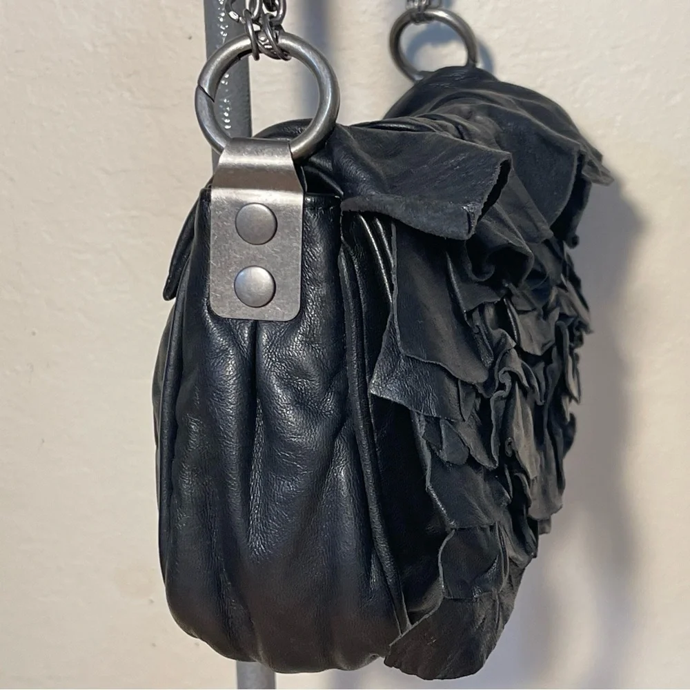 AllSaints Black Ruffled Leather Shoulder Bag Soft Leather Gunmetal Hardware